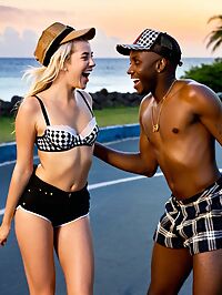 A black man in Mauritius delights in the company of a blonde haired young woman with a mohawk
