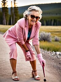 Grandmother in a pink suit stands confidently amidst nature at Yellowstone twilight