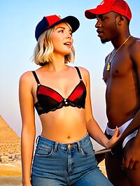 Black man and young white woman engage in outdoor activities near the Pyramids of Giza at dusk