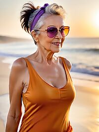 An elderly woman with a mohawk and wrinkled skin poses on the beach during golden hour