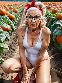 A 90 year old woman with dirty blonde hair poses in a casual swimsuit at a pumpkin patch