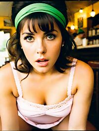 A woman clad in 1980s fashion and hairstyles wears a bright pink wedding dress