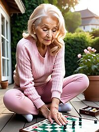 Elderly grandmother poses playfully in her garden with a playful smile