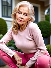 Elderly grandmother poses playfully in her garden with a playful smile