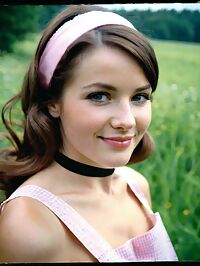 A 30 year old woman in 1960s attire with short light brown hair and pale skin