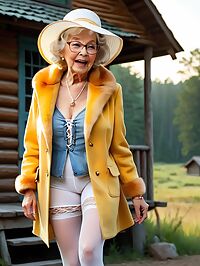 Elderly grandmother in a yellow fur trimmed coat poses playfully outdoors in cabin twilight
