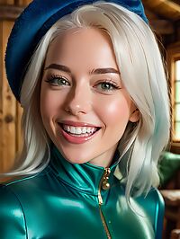 In the dimly lit swamp cabin she wore her blue catsuit tightly accentuating her curvy body Her white hair cascaded down her back like an icy waterfall as she sashayed across the room her light brown eyes sparkling with a seductive gaze her high heels clicking against the wooden floorboards beneath her feet The green backwards hat sat atop her head adding to her mysterious allure as she moved with confidence and sensuality in the dimly lit cabin Her shiny skin glowed under the soft glow of the lanterns drawing attention to every curve of her generously proportioned frame She was a vision of loveliness her small breasts accentuated by the snug fit of the catsuit as she moved through the cabin with an air of confidence and allure that left all who saw her breathless in her wake