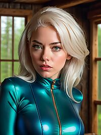 In the dimly lit swamp cabin she wore her blue catsuit tightly accentuating her curvy body Her white hair cascaded down her back like an icy waterfall as she sashayed across the room her light brown eyes sparkling with a seductive gaze her high heels clicking against the wooden floorboards beneath her feet The green backwards hat sat atop her head adding to her mysterious allure as she moved with confidence and sensuality in the dimly lit cabin Her shiny skin glowed under the soft glow of the lanterns drawing attention to every curve of her generously proportioned frame She was a vision of loveliness her small breasts accentuated by the snug fit of the catsuit as she moved through the cabin with an air of confidence and allure that left all who saw her breathless in her wake