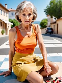 Elderly grandmother poses with a frail yet confident smile in sunlit street scene