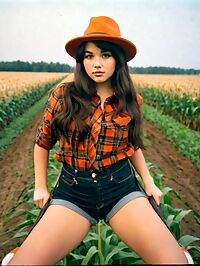 A curvy woman in 1960s style standing tall amidst a twilight cornfield