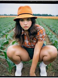 A curvy woman in 1960s style standing tall amidst a twilight cornfield