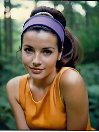 Woman in 1960s style attire poses in a forest clearing at dawn