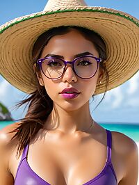 A 33 year old Cuban woman with purple body paint smiling at sunset on Isla Mujeres beach