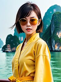 Asian woman with a bobbed hairdo stands in Ha Long Bay wearing karate robes
