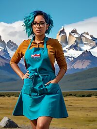 A stunningly beautiful Puerto Rican woman stands in Patagonia with turquoise hair