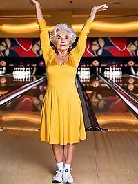 Platinum blonde grandmother with a toned backside in her yellow backless dress