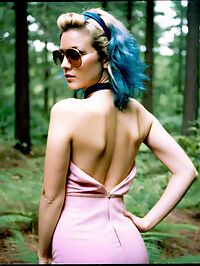 42 year old woman in a pink backless 1970s outfit lounges in a forest clearing