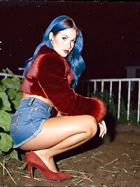 Tall woman in 1960s fashion poses curiously amidst moonlit vegetable garden shadows