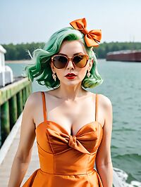 A 65 year old woman in an orange wedding dress stands out on the dock