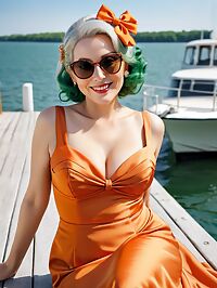 A 65 year old woman in an orange wedding dress stands out on the dock