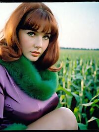 Beautiful young woman with large breasts stands in a cornfield at dawn