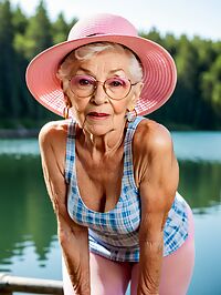 Elderly woman with mohawk dons pink pantyhose at serene lake dawn scene