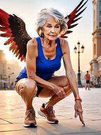 Elderly woman in red tank top poses with feathers on the city square at dawn