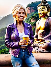 Elderly blonde woman 70 years old in tattered jeans at Leshan Giant Buddha