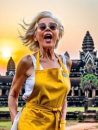 An elderly platinum blonde woman in a yellow apron stands at dusk near Angkor Wat