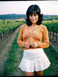 A 38 year old woman with black short hair in 1970s attire at a vineyard