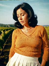 A 38 year old woman with black short hair in 1970s attire at a vineyard