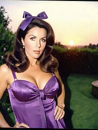 Woman in 1970s fashion exudes enchantment amidst the sunset lit garden