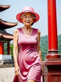 An elderly grandmother with wrinkled skin poses in outdoor pagoda at sunset