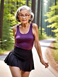 A 90 year old grandmother with purple tank top and black microskirt poses in forest clearing