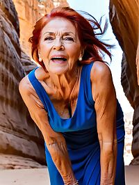 An elderly woman in a blue dress stands confidently amidst ancient Petra ruins at sunset