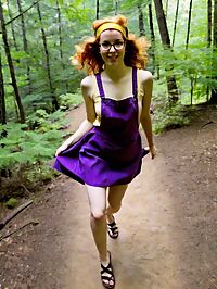 Woman with purple apron and ginger hair hikes solo through dark woods at noon