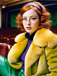 Athletic woman with ginger hair poses elegantly in Art Deco theater