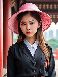 A petite Nepalese girl in a black school uniform wears a pink sun hat