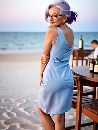 Grandmother sits at beach bar in twilight orange dress exposing wrinkled skin