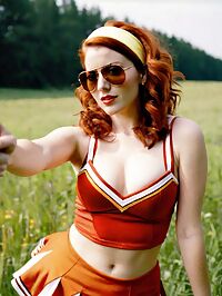 In the misty dawn of the meadow she stands tall in scarlet cheerleader uniform