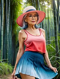 Elderly grandmother strolls through twilight bamboo forest in summer attire