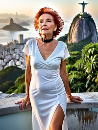 Elderly red haired woman poses seductively on stairs of Christ the Redeemer in twilight