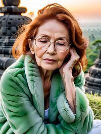 Older woman in green fur coat yoga pants outside Borobudur Indonesia pre dawn hours