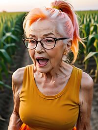 A 95 year old in a yellow shirt and orange skirt poses seductively in a cornfield
