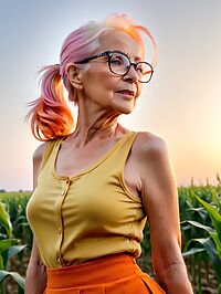 A 95 year old in a yellow shirt and orange skirt poses seductively in a cornfield