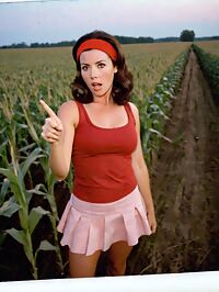 A stunning woman with 1960s style poses in a cornfield at pre dawn