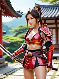 Nepalese girl holding a sword in red Samurai armor on a Japanese movie set