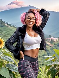 Brunette with contrasting streaks stands in twilight Rwanda