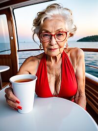 Elderly woman poses seductively on yacht at dusk sunset