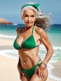 Elderly grandma in green bikini under clothes on desert island at noon